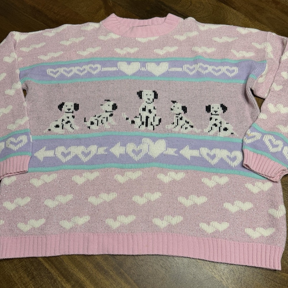 Vintage Adele Knitwear Sweater Pink Grannycore Dalmatian Dogs 80's Hearts Pink